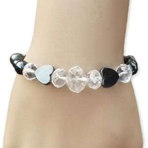 VINTAGE HEMATITE STONE & FACETED GLASS CRYSTAL BEAD BRACELET